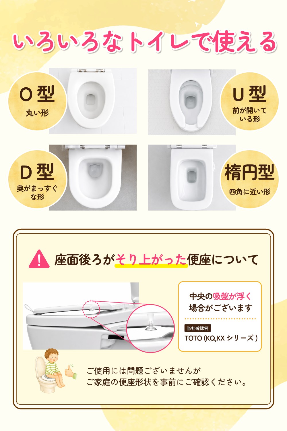 スワリーノが使える便座の形(O型・U型・D型・楕円型)と、そり上がった便座の注意